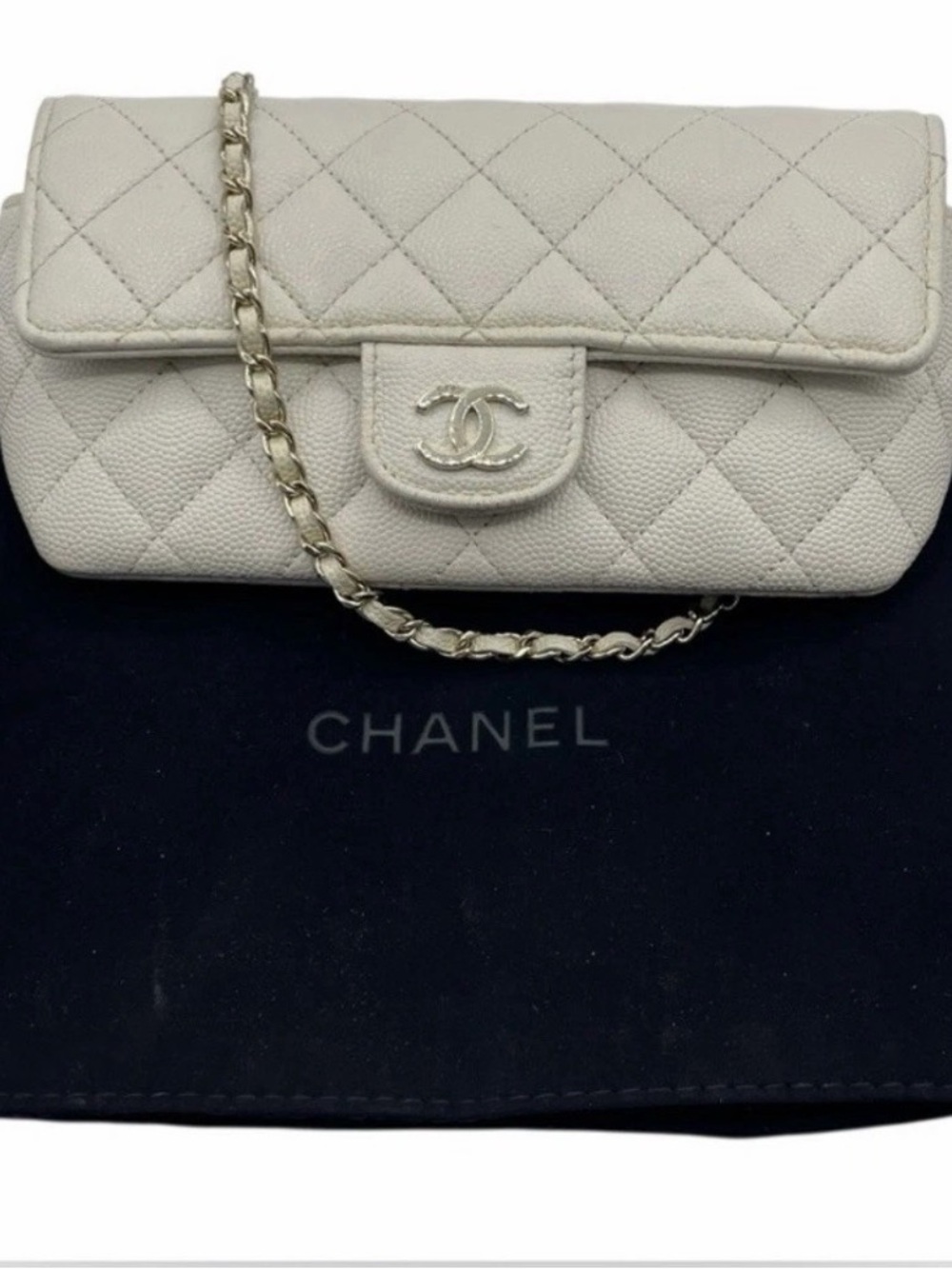 CHANEL Mini Quilted Leather Flap Bag in Cream with Gold Chain